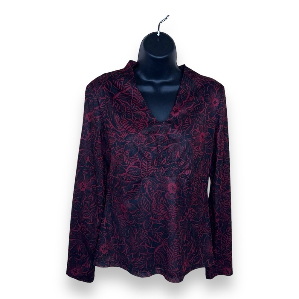 MEDIUM VINTAGE ENVISION STUDIO BLACK RED BLOUSE STRETCH GOTH VNECK FLORAL